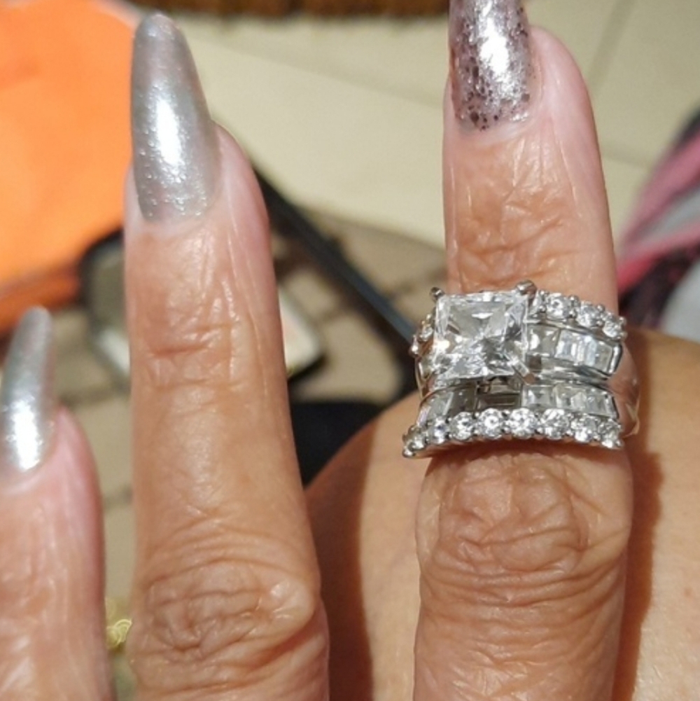 Huge Princess Cut Multi Row CZ Ring Size 6 Solid Sterling Silver